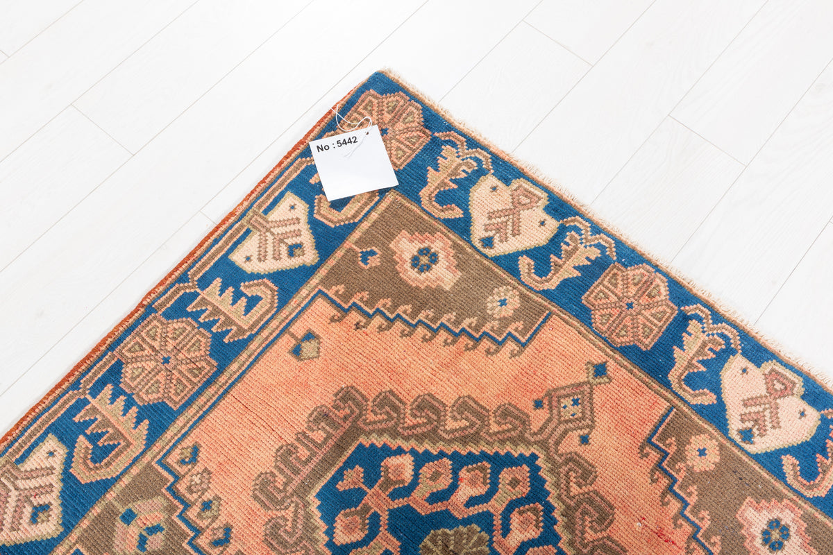 Collectible Vintage Faded Peach and Blue Triple Diamond Medallion Hand-Knotted Area Rug – 6' 6" x 3' 7" (199 x 108 cm)
