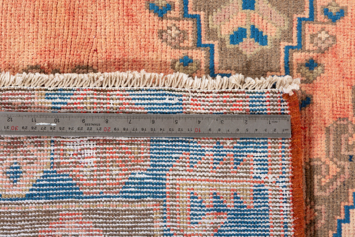 Collectible Vintage Faded Peach and Blue Triple Diamond Medallion Hand-Knotted Area Rug – 6' 6" x 3' 7" (199 x 108 cm)