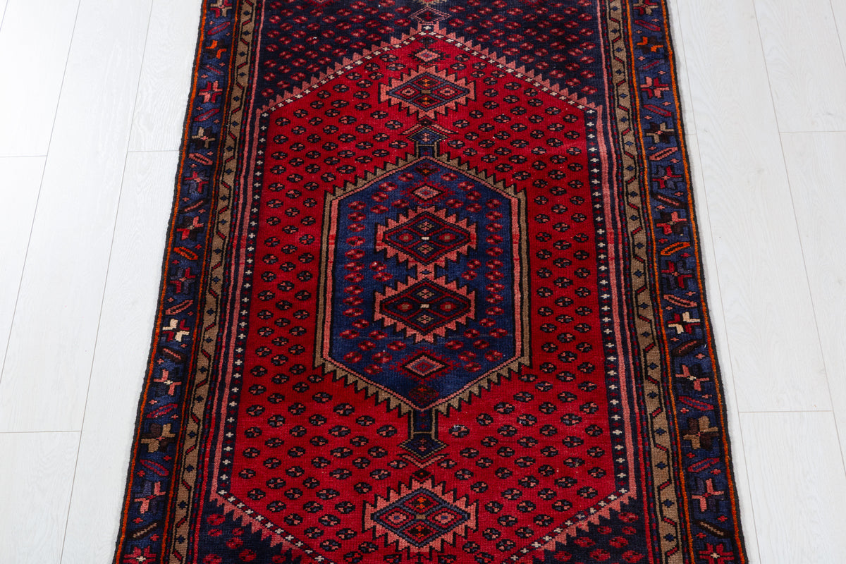 Vintage Red and Navy Blue Hexagonal Medallion Hand-Knotted Area Rug – 6' 4" x 2' 11" (192 x 90 cm)