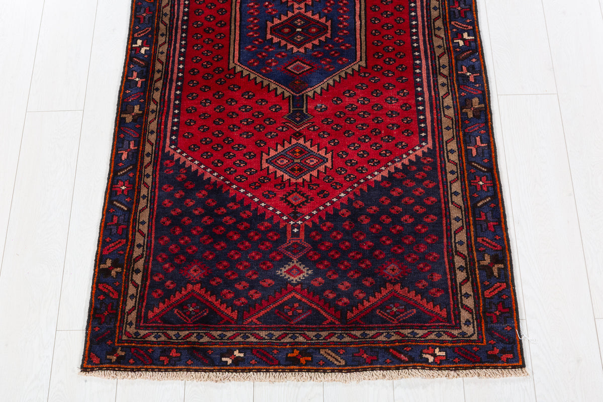 Vintage Red and Navy Blue Hexagonal Medallion Hand-Knotted Area Rug – 6' 4" x 2' 11" (192 x 90 cm)