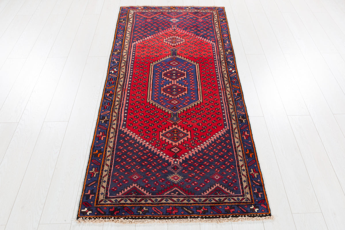 Vintage Red and Navy Blue Hexagonal Medallion Hand-Knotted Area Rug – 6' 4" x 2' 11" (192 x 90 cm)