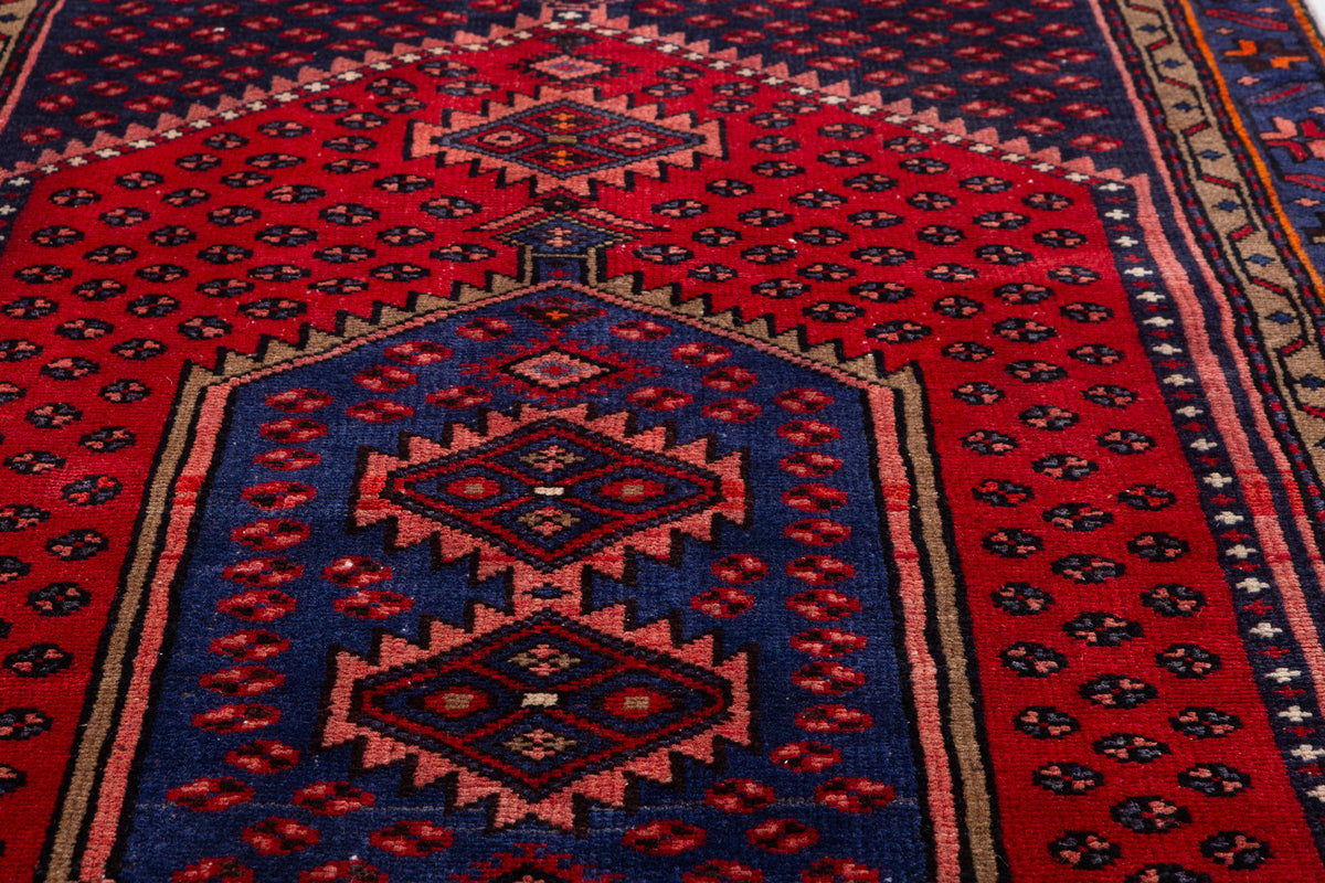 Vintage Red and Navy Blue Hexagonal Medallion Hand-Knotted Area Rug – 6' 4" x 2' 11" (192 x 90 cm)