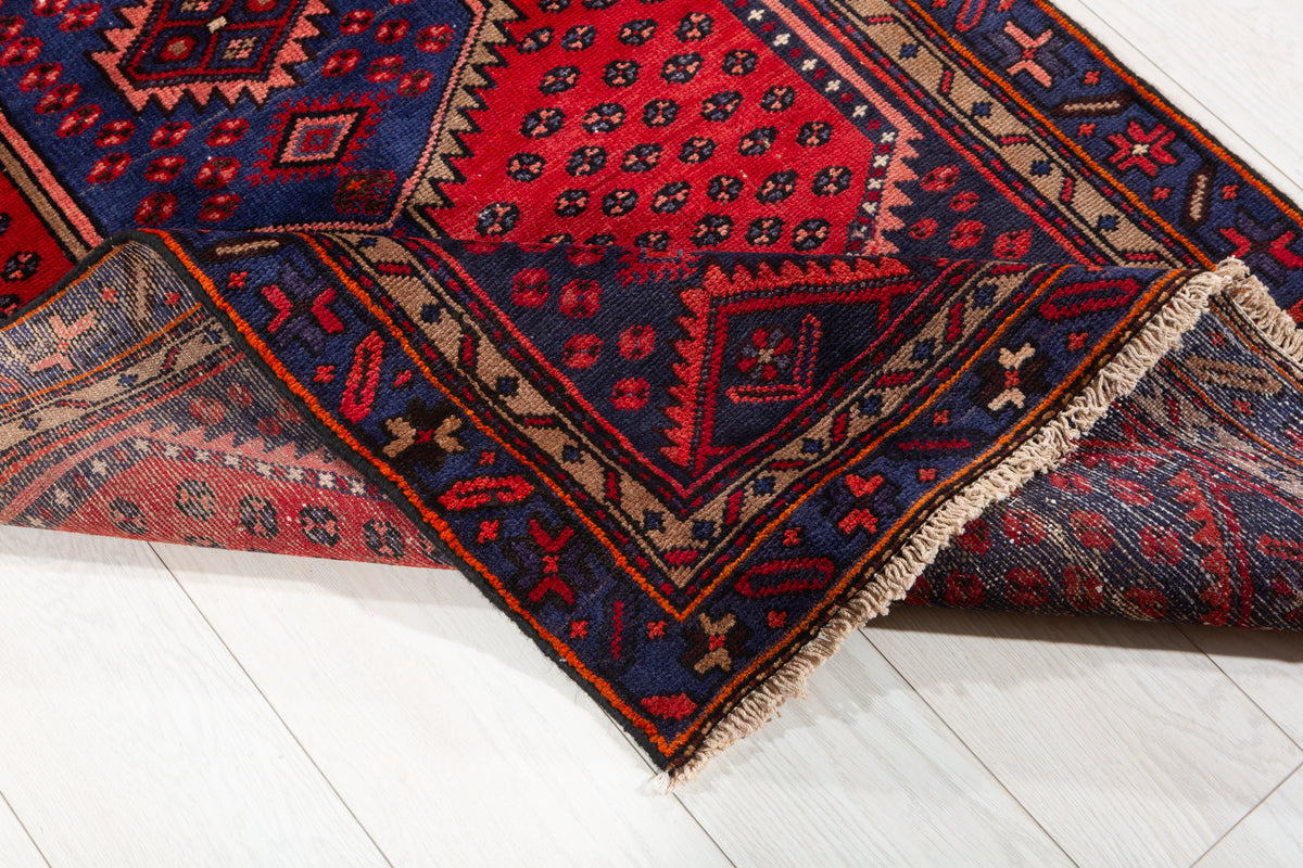 Vintage Red and Navy Blue Hexagonal Medallion Hand-Knotted Area Rug – 6' 4" x 2' 11" (192 x 90 cm)