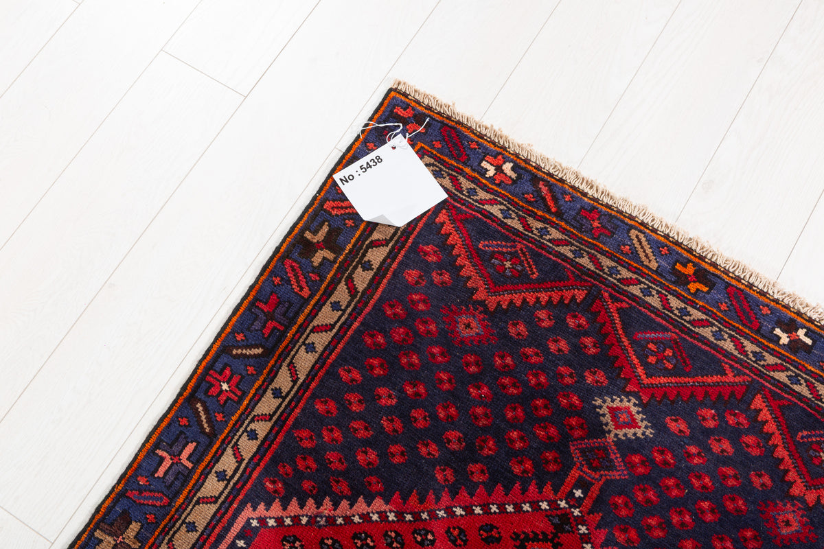 Vintage Red and Navy Blue Hexagonal Medallion Hand-Knotted Area Rug – 6' 4" x 2' 11" (192 x 90 cm)