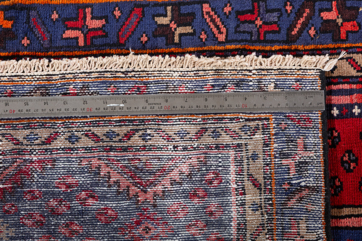 Vintage Red and Navy Blue Hexagonal Medallion Hand-Knotted Area Rug – 6' 4" x 2' 11" (192 x 90 cm)