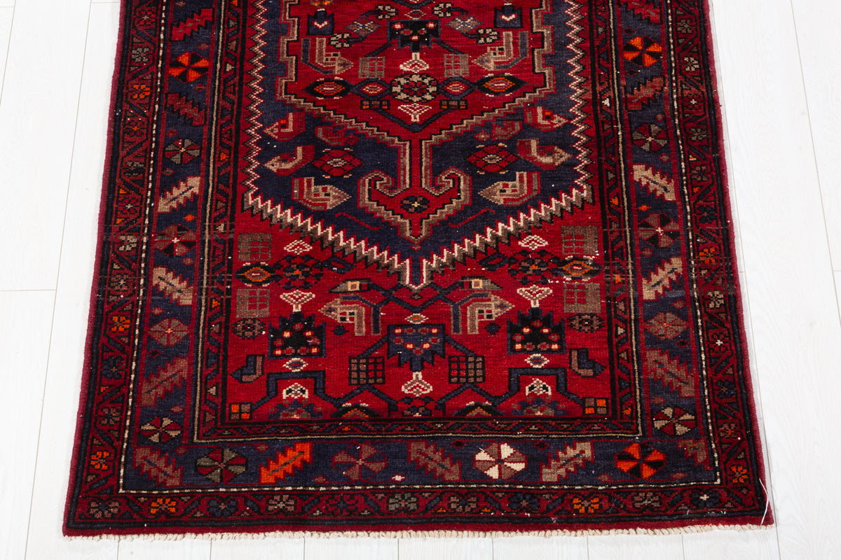 Vintage Red and Faded Navy Blue Geometric Hand-Knotted Area Rug – 6' 11" x 3' 7" (212 x 110 cm)