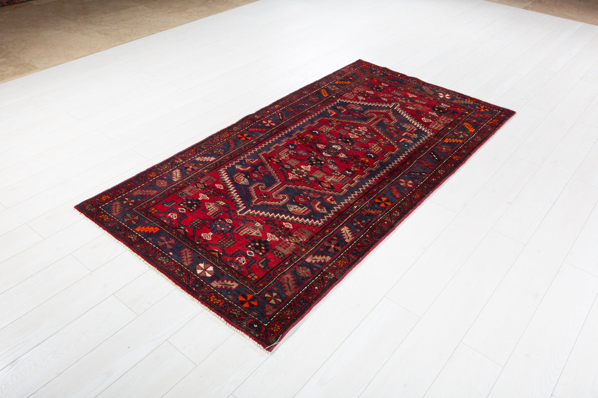 Vintage Red and Faded Navy Blue Geometric Hand-Knotted Area Rug – 6' 11" x 3' 7" (212 x 110 cm)