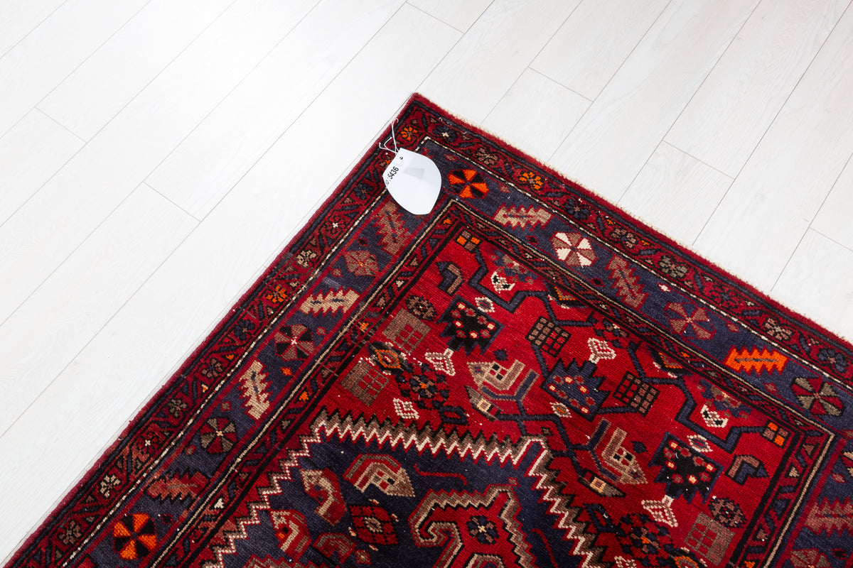 Vintage Red and Faded Navy Blue Geometric Hand-Knotted Area Rug – 6' 11" x 3' 7" (212 x 110 cm)