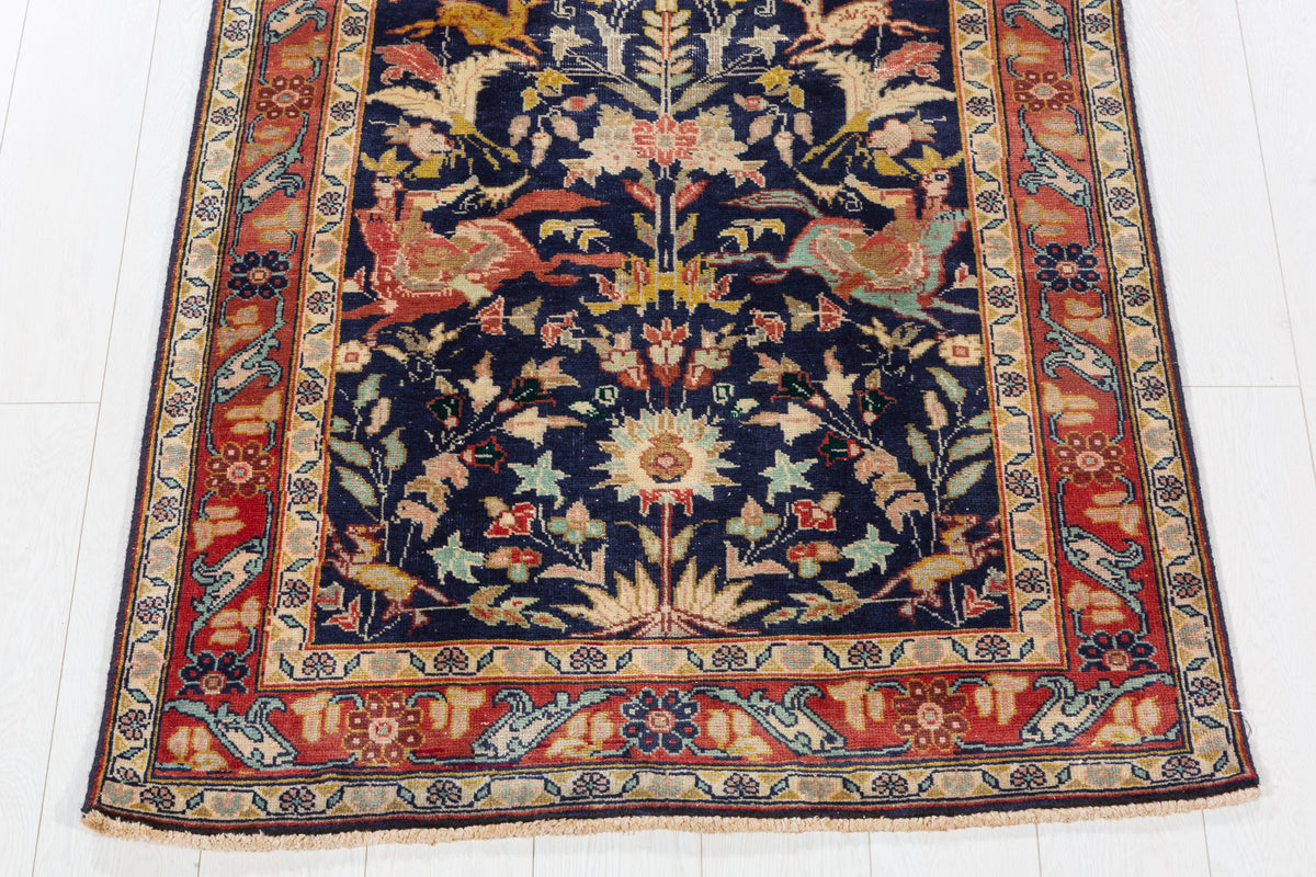 Antique Deep Navy Blue Hunting Design Hand-Knotted Area Rug – 6' 0" x 3' 3" (182 x 98 cm)