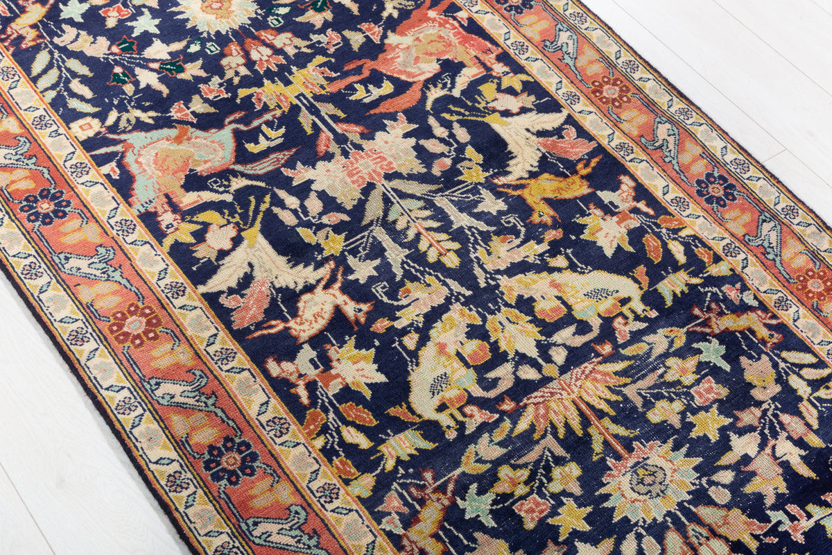 Antique Deep Navy Blue Hunting Design Hand-Knotted Area Rug – 6' 0" x 3' 3" (182 x 98 cm)