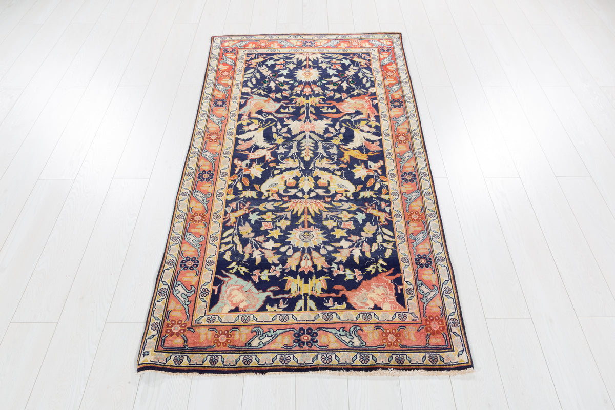 Antique Deep Navy Blue Hunting Design Hand-Knotted Area Rug – 6' 0" x 3' 3" (182 x 98 cm)