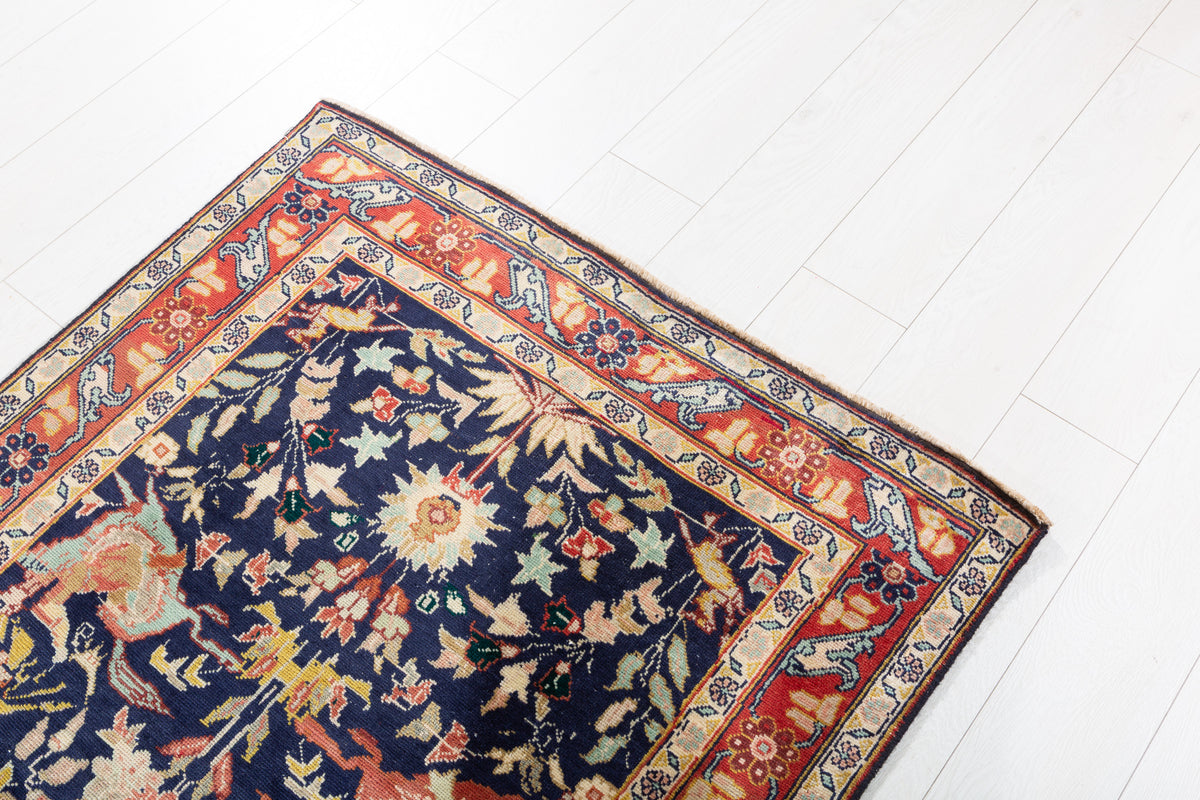 Antique Deep Navy Blue Hunting Design Hand-Knotted Area Rug – 6' 0" x 3' 3" (182 x 98 cm)