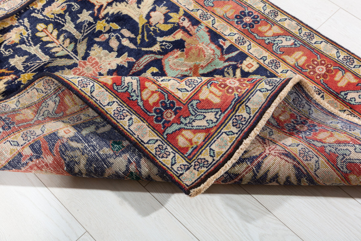 Antique Deep Navy Blue Hunting Design Hand-Knotted Area Rug – 6' 0" x 3' 3" (182 x 98 cm)