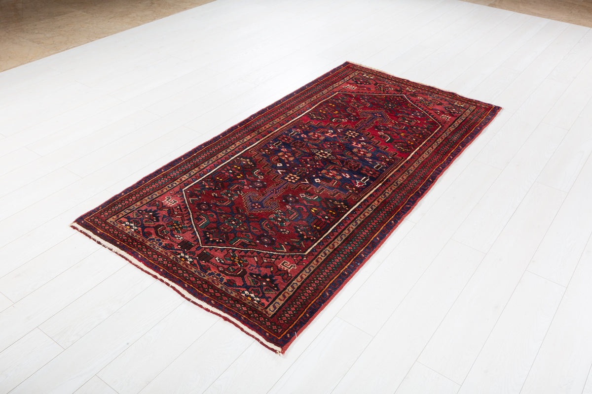 Vintage Rust Red and Navy Blue Fine Geometric Hand-Knotted Area Rug – 6' 8" x 3' 5" (204 x 103 cm)