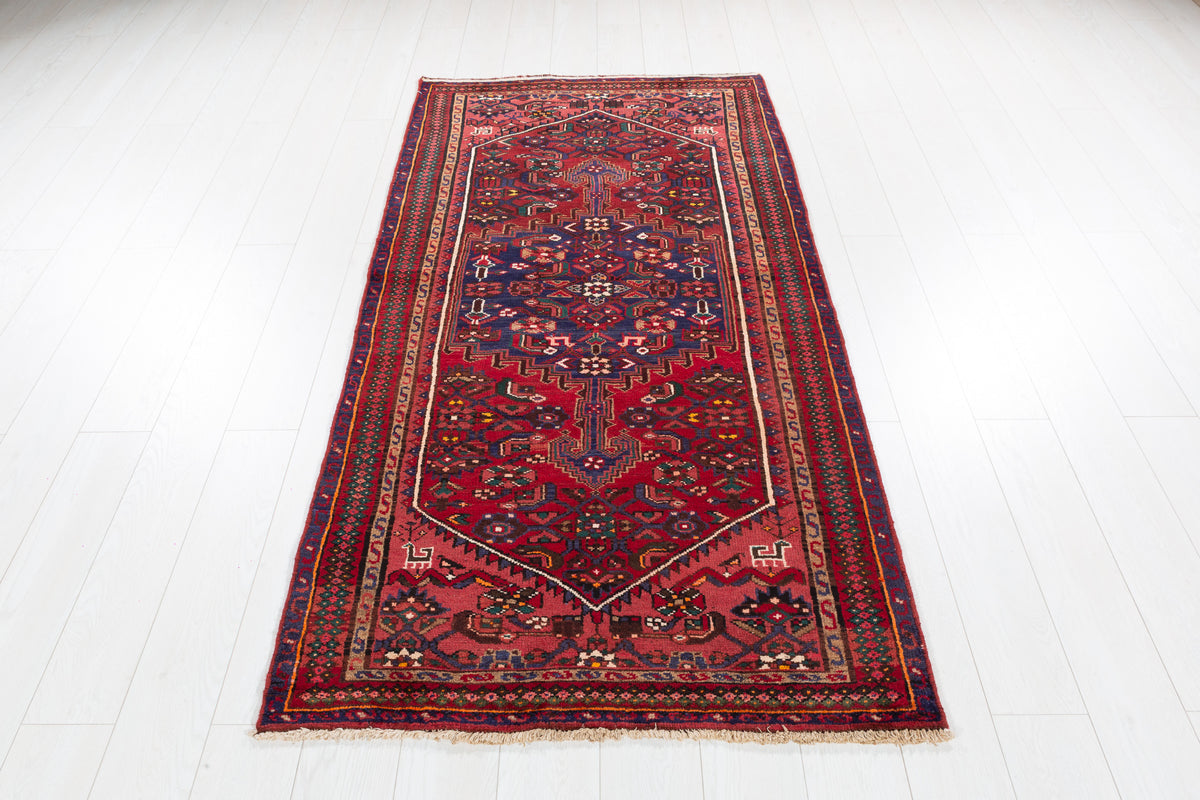 Vintage Rust Red and Navy Blue Fine Geometric Hand-Knotted Area Rug – 6' 8" x 3' 5" (204 x 103 cm)