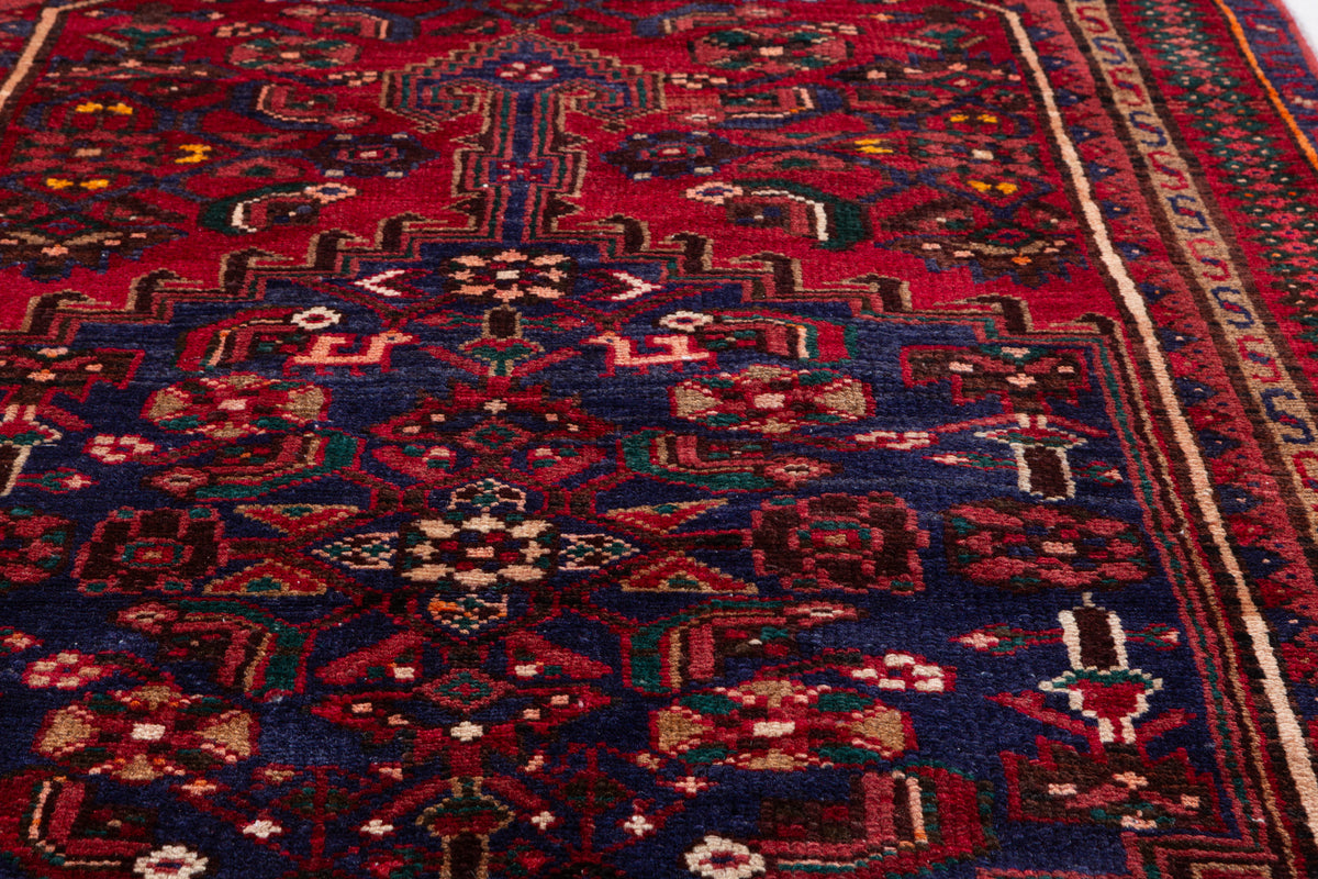 Vintage Rust Red and Navy Blue Fine Geometric Hand-Knotted Area Rug – 6' 8" x 3' 5" (204 x 103 cm)