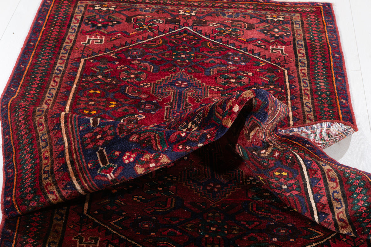 Vintage Rust Red and Navy Blue Fine Geometric Hand-Knotted Area Rug – 6' 8" x 3' 5" (204 x 103 cm)