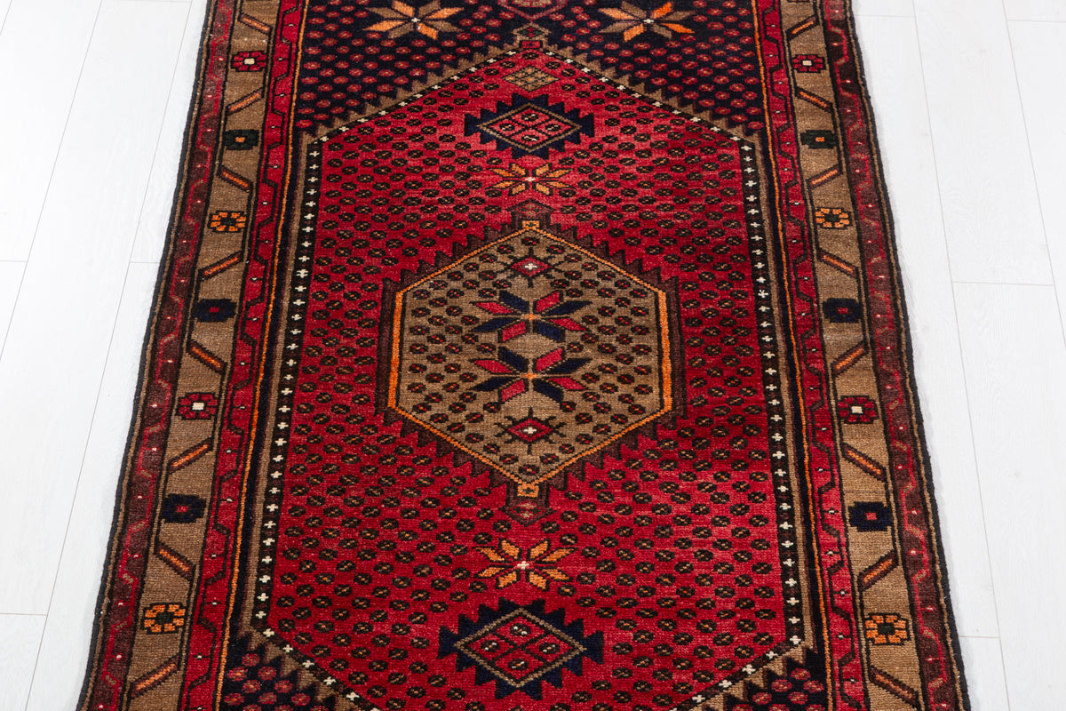 Vintage Red, Deep Navy Blue and Brown Geometric Hand-Knotted Area Rug – 6' 5" x 3' 5" (195 x 104 cm)