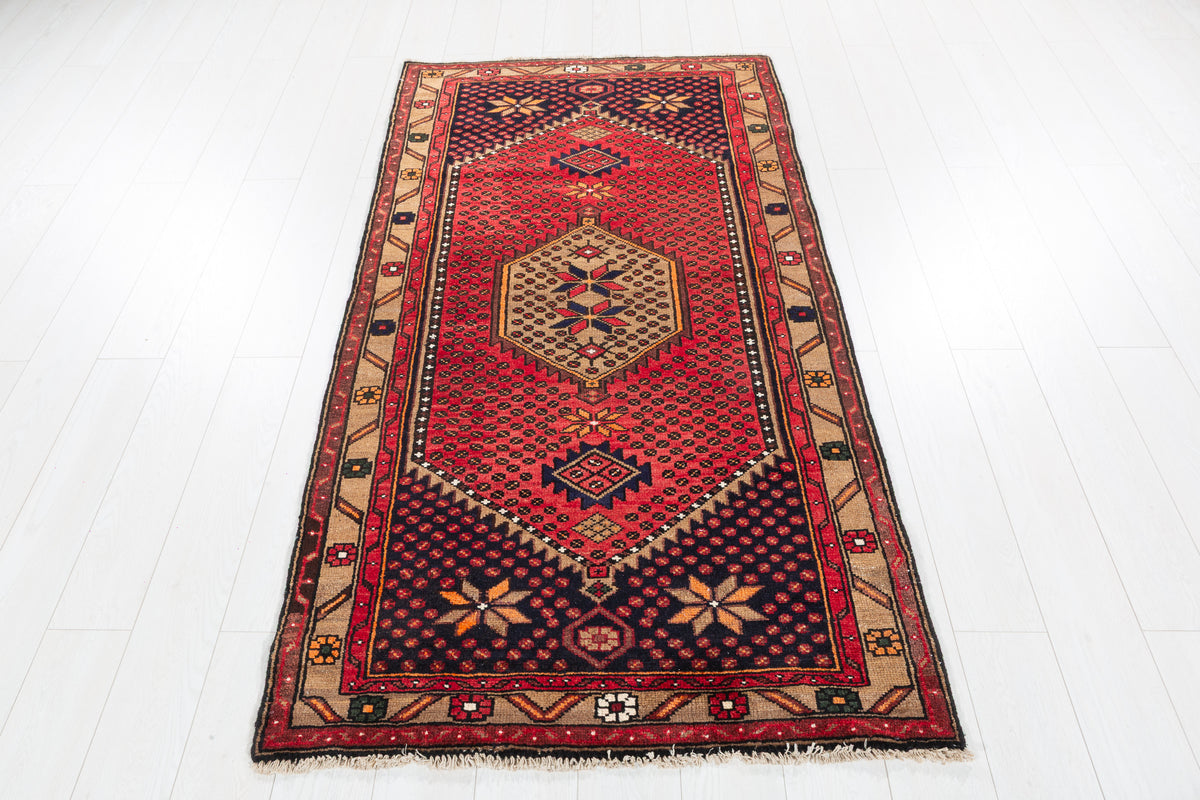 Vintage Red, Deep Navy Blue and Brown Geometric Hand-Knotted Area Rug – 6' 5" x 3' 5" (195 x 104 cm)