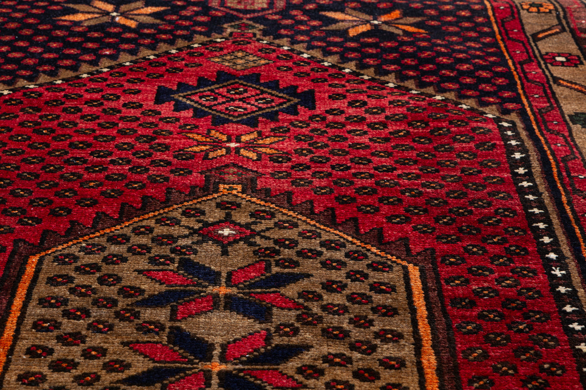 Vintage Red, Deep Navy Blue and Brown Geometric Hand-Knotted Area Rug – 6' 5" x 3' 5" (195 x 104 cm)