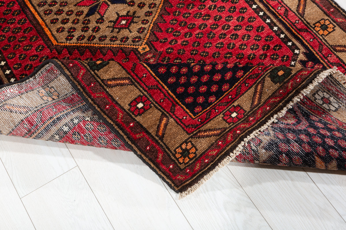 Vintage Red, Deep Navy Blue and Brown Geometric Hand-Knotted Area Rug – 6' 5" x 3' 5" (195 x 104 cm)
