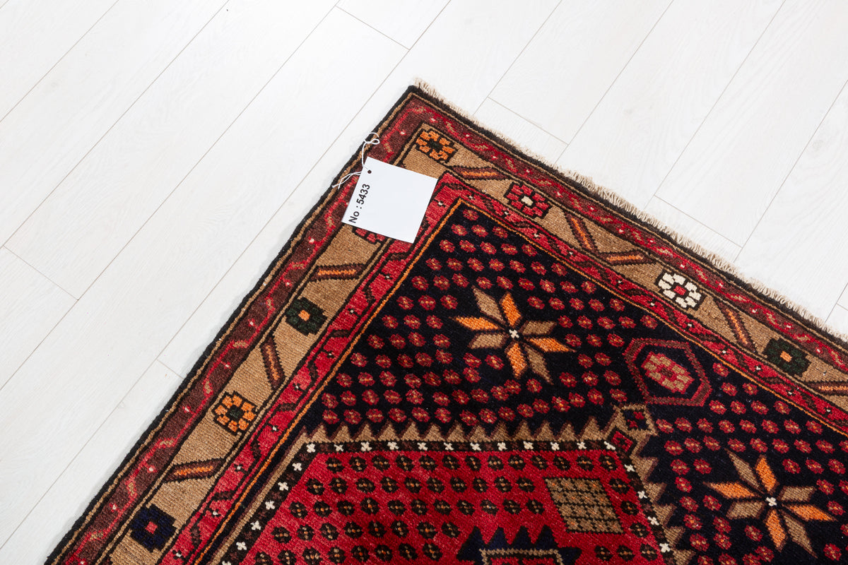 Vintage Red, Deep Navy Blue and Brown Geometric Hand-Knotted Area Rug – 6' 5" x 3' 5" (195 x 104 cm)