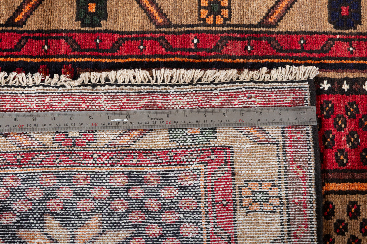 Vintage Red, Deep Navy Blue and Brown Geometric Hand-Knotted Area Rug – 6' 5" x 3' 5" (195 x 104 cm)