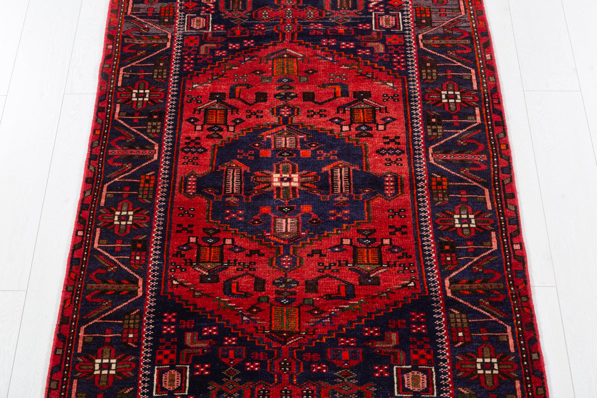 Vintage Navy Blue and Red Geometric Hand-Knotted Area Rug – 6' 10" x 3' 4" (208 x 102 cm)