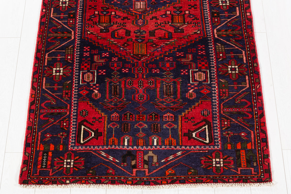 Vintage Navy Blue and Red Geometric Hand-Knotted Area Rug – 6' 10" x 3' 4" (208 x 102 cm)