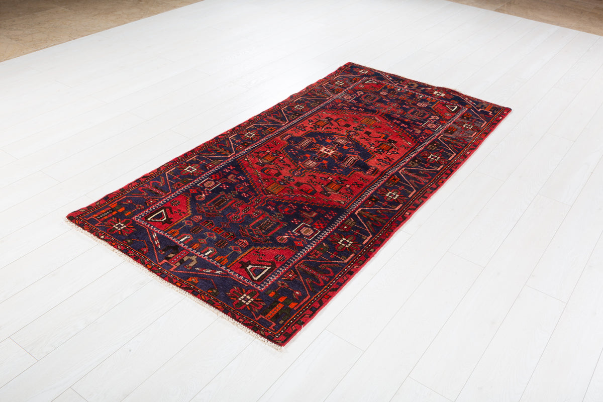 Vintage Navy Blue and Red Geometric Hand-Knotted Area Rug – 6' 10" x 3' 4" (208 x 102 cm)