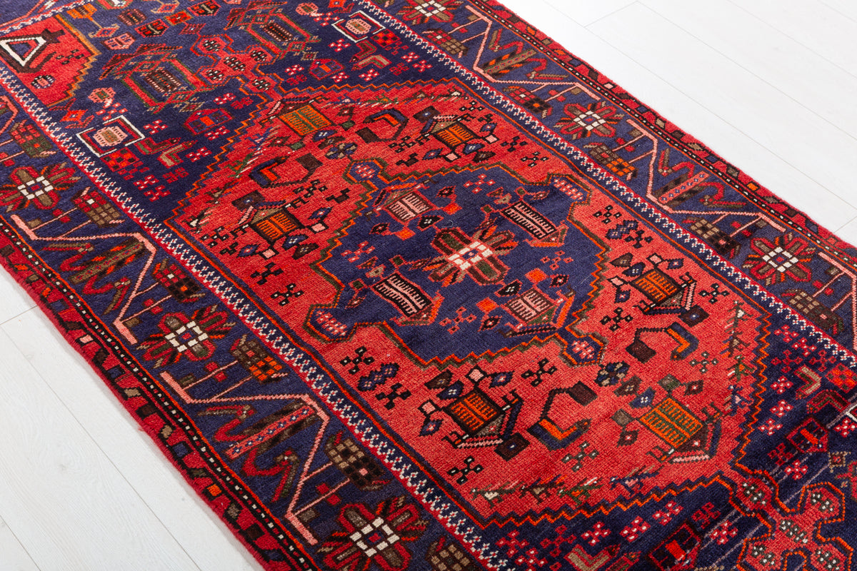 Vintage Navy Blue and Red Geometric Hand-Knotted Area Rug – 6' 10" x 3' 4" (208 x 102 cm)