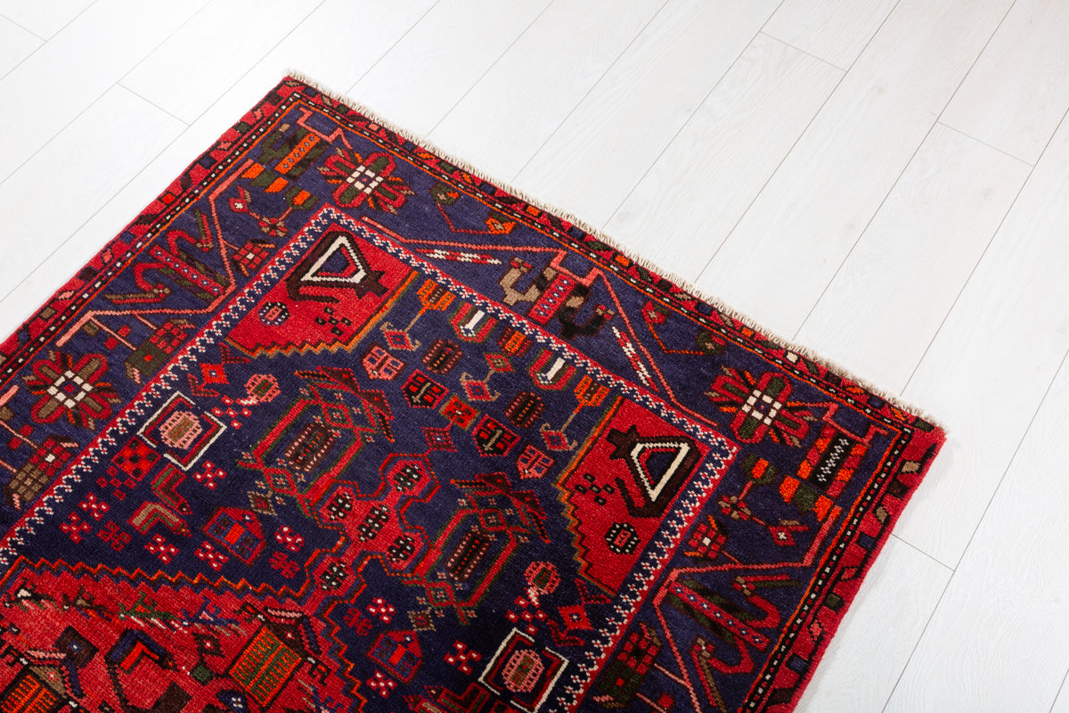 Vintage Navy Blue and Red Geometric Hand-Knotted Area Rug – 6' 10" x 3' 4" (208 x 102 cm)