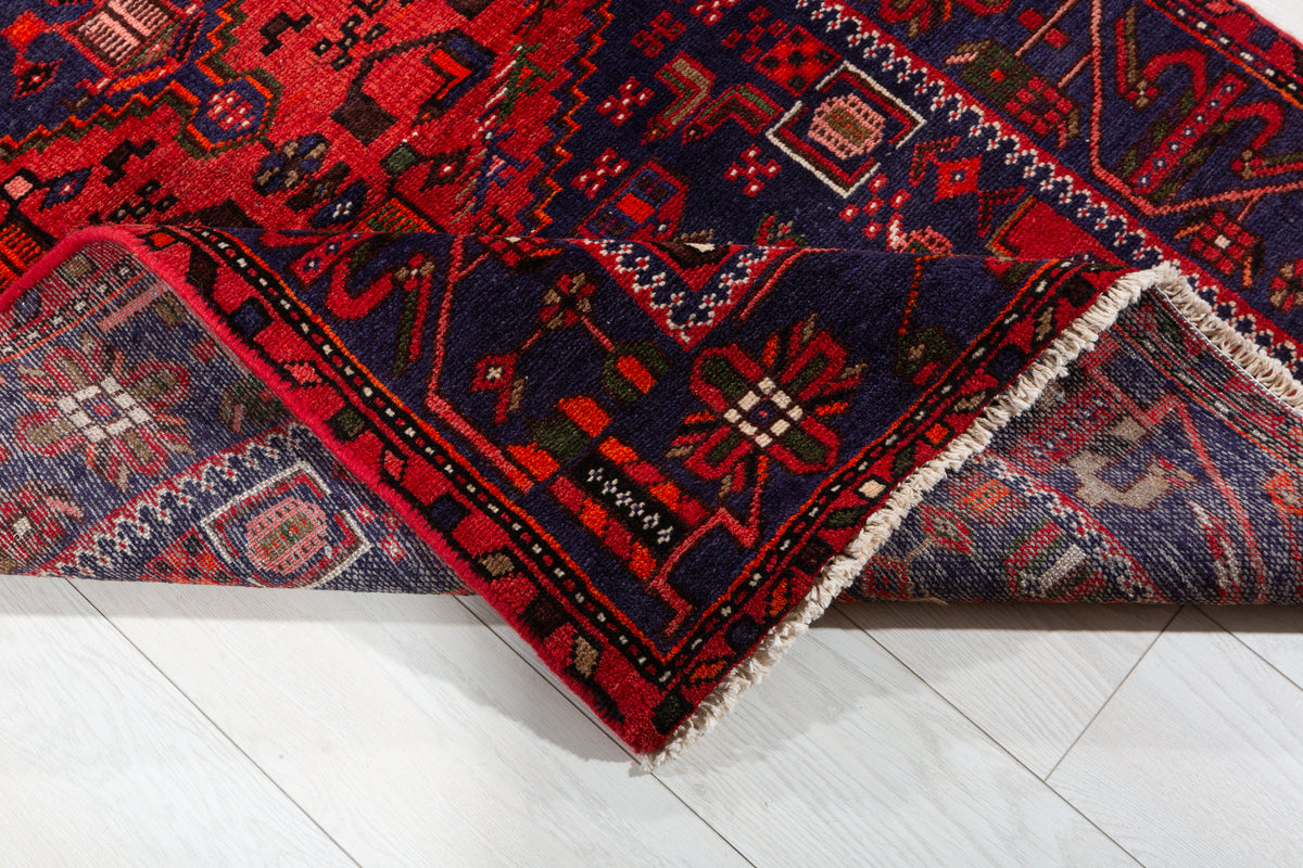Vintage Navy Blue and Red Geometric Hand-Knotted Area Rug – 6' 10" x 3' 4" (208 x 102 cm)