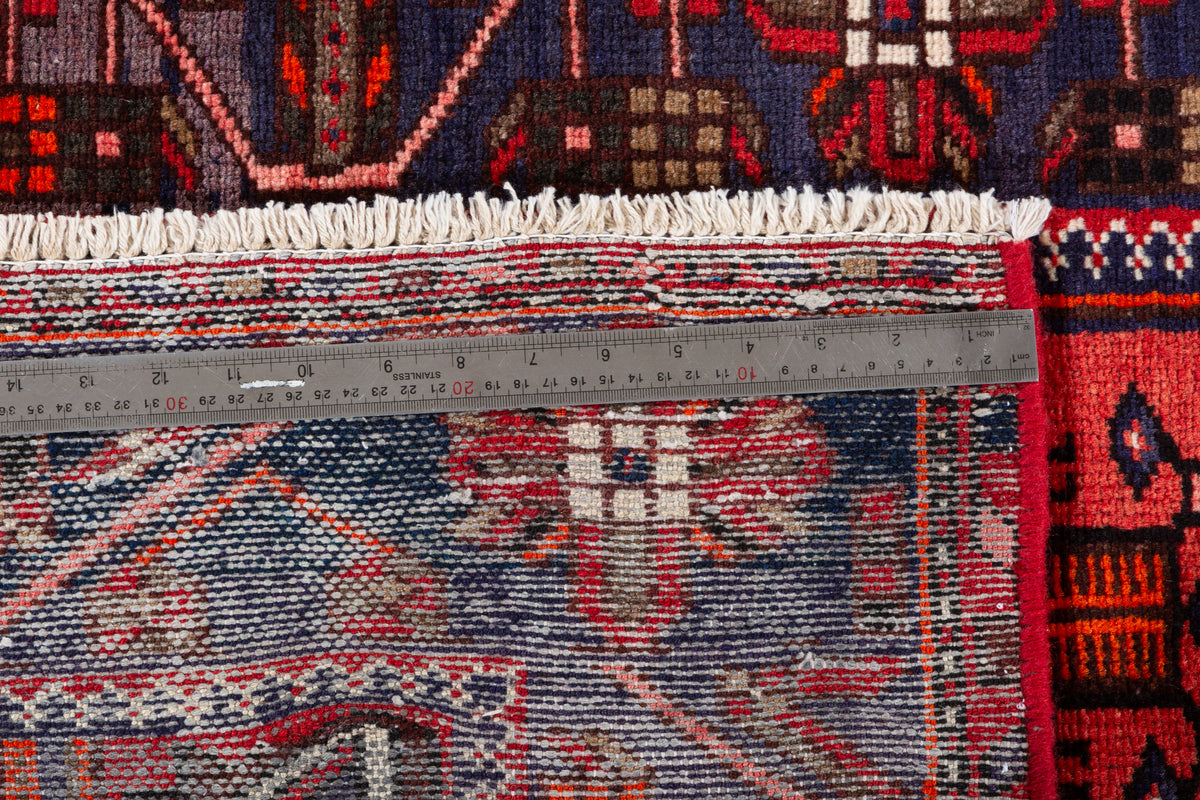 Vintage Navy Blue and Red Geometric Hand-Knotted Area Rug – 6' 10" x 3' 4" (208 x 102 cm)