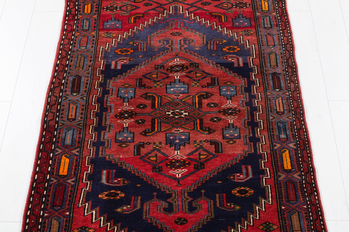 Vintage Red Geometric Medallion Hand-Knotted Area Rug – 7' 2" x 3' 6" (218 x 107 cm)