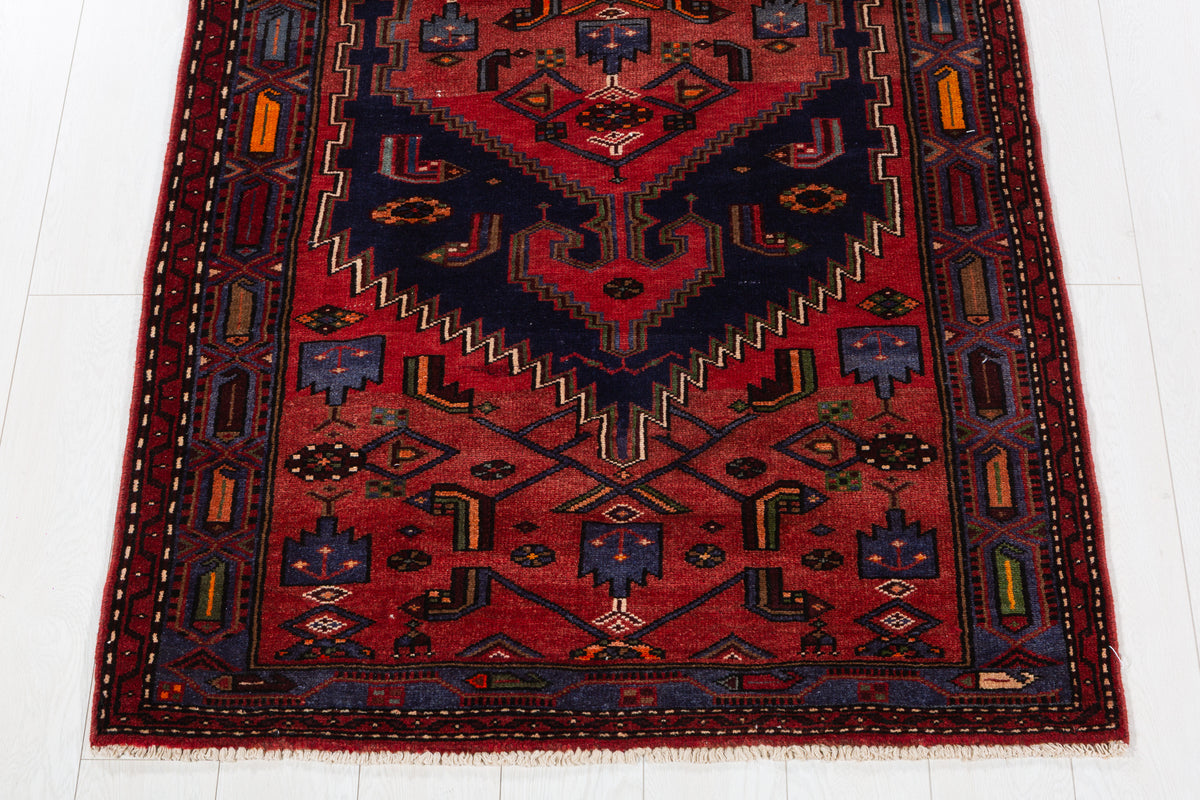 Vintage Red Geometric Medallion Hand-Knotted Area Rug – 7' 2" x 3' 6" (218 x 107 cm)