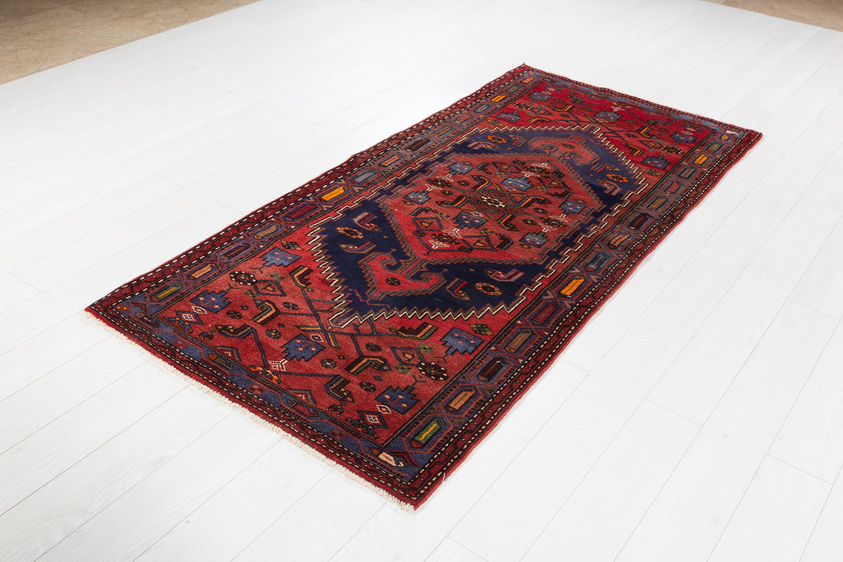 Vintage Red Geometric Medallion Hand-Knotted Area Rug – 7' 2" x 3' 6" (218 x 107 cm)