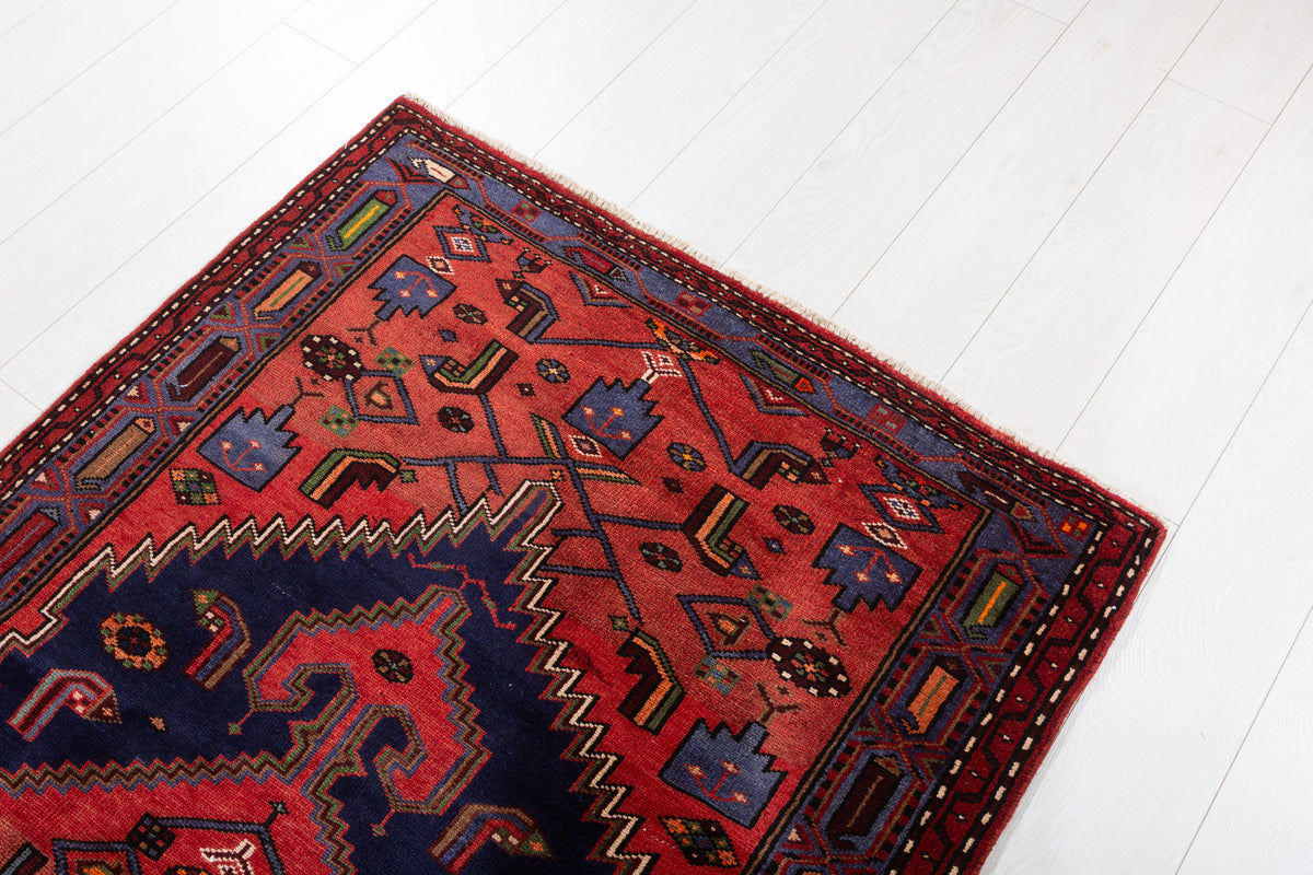 Vintage Red Geometric Medallion Hand-Knotted Area Rug – 7' 2" x 3' 6" (218 x 107 cm)