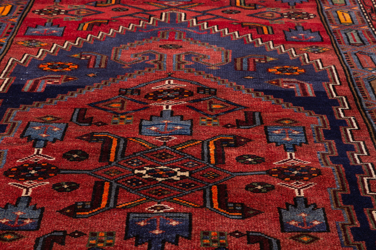 Vintage Red Geometric Medallion Hand-Knotted Area Rug – 7' 2" x 3' 6" (218 x 107 cm)