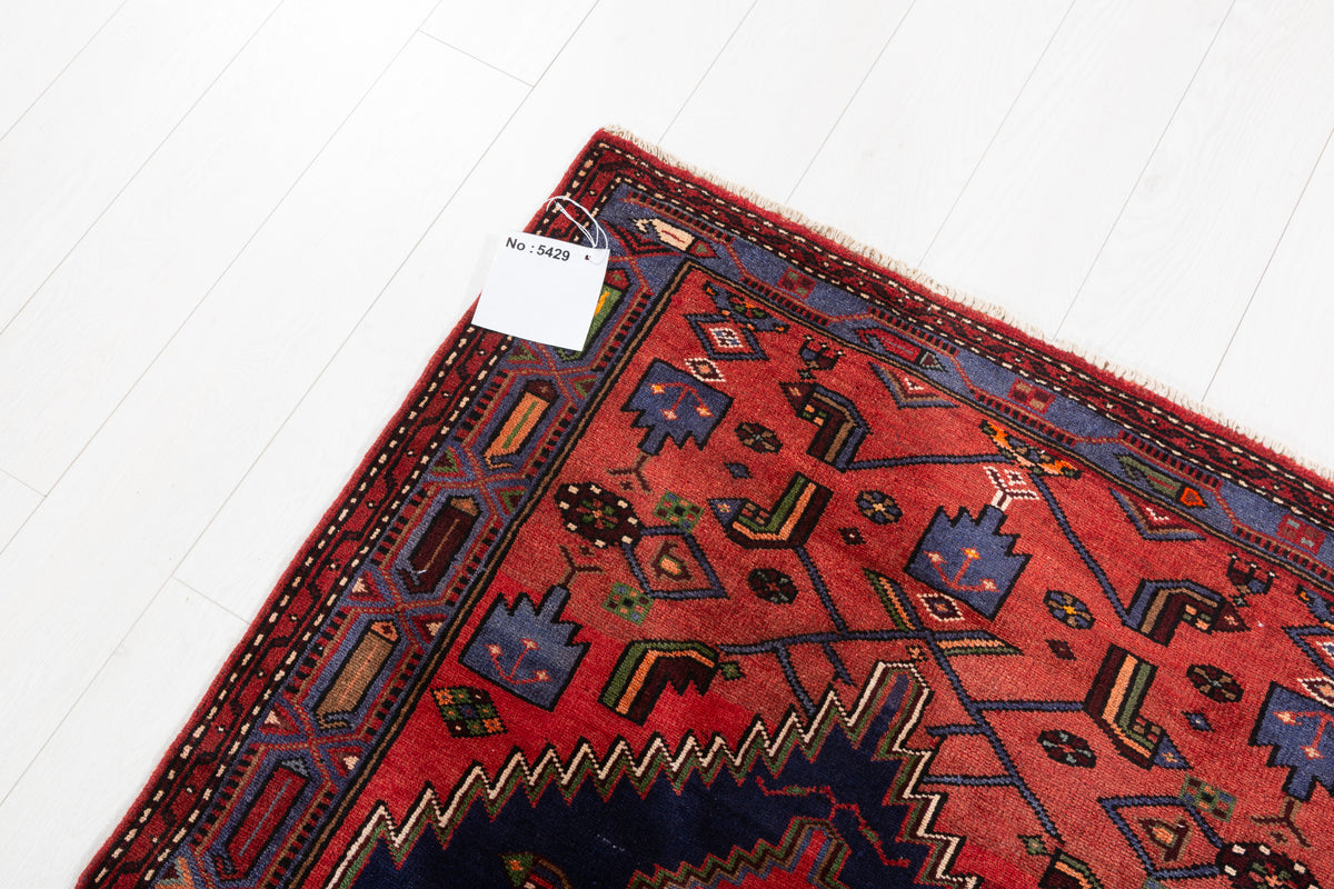 Vintage Red Geometric Medallion Hand-Knotted Area Rug – 7' 2" x 3' 6" (218 x 107 cm)