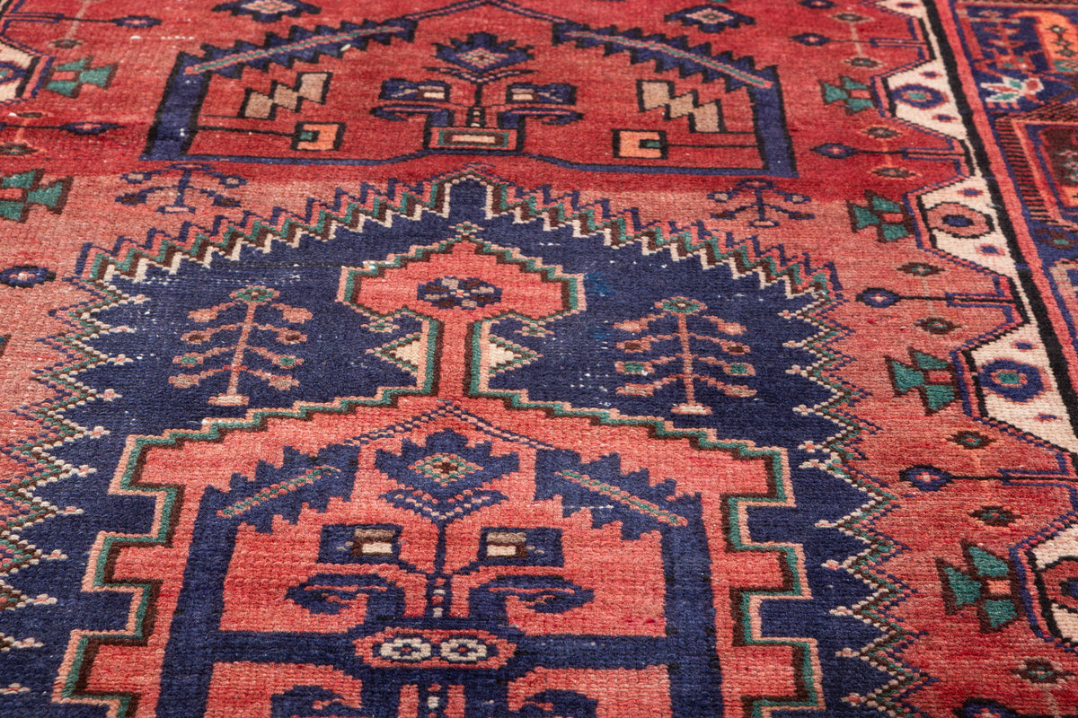 Vintage Rust Red and Navy Blue Geometric Hand-Knotted Area Rug – 6' 5" x 3' 3" (195 x 99 cm)