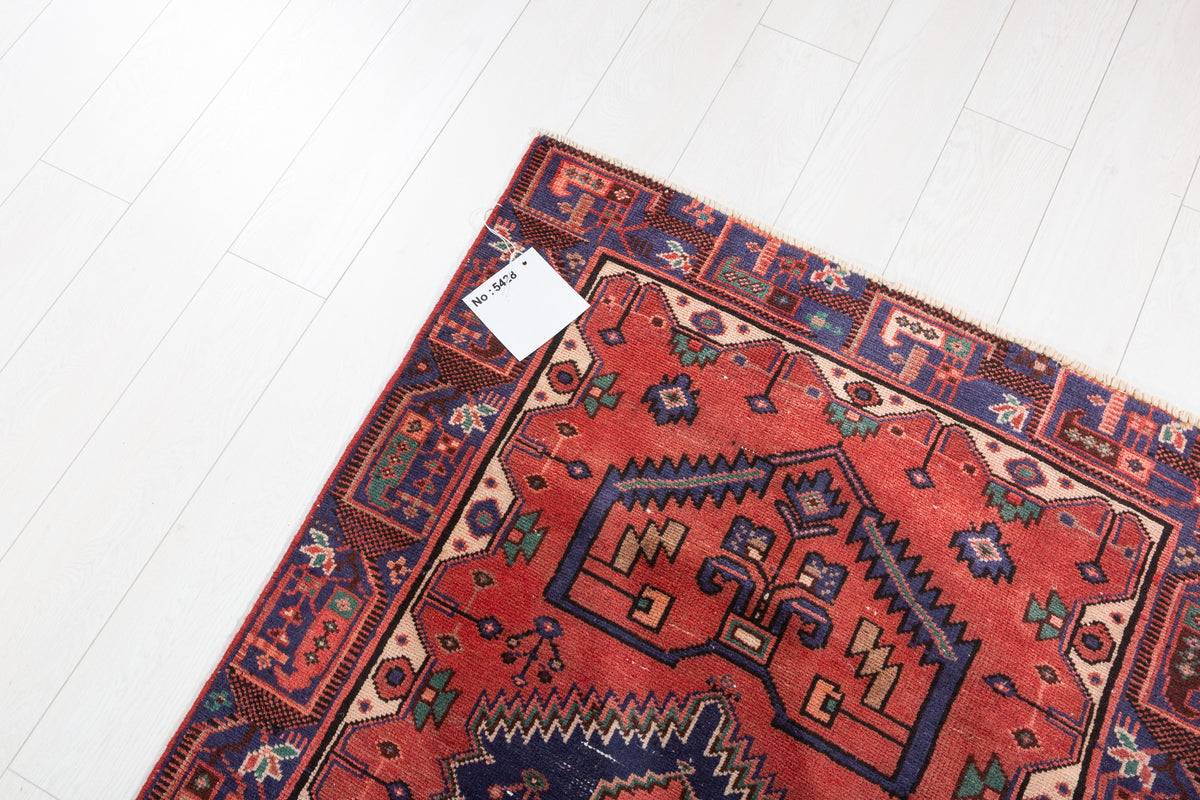 Vintage Rust Red and Navy Blue Geometric Hand-Knotted Area Rug – 6' 5" x 3' 3" (195 x 99 cm)