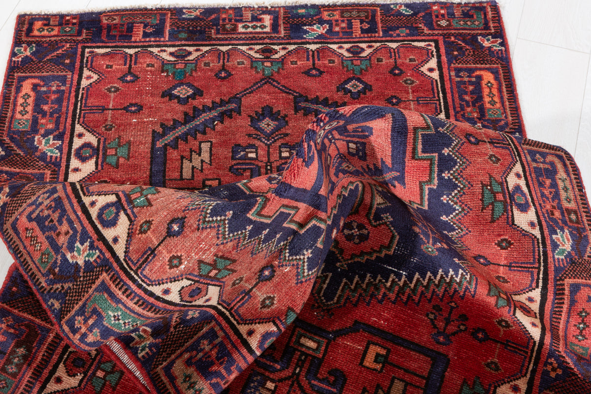 Vintage Rust Red and Navy Blue Geometric Hand-Knotted Area Rug – 6' 5" x 3' 3" (195 x 99 cm)