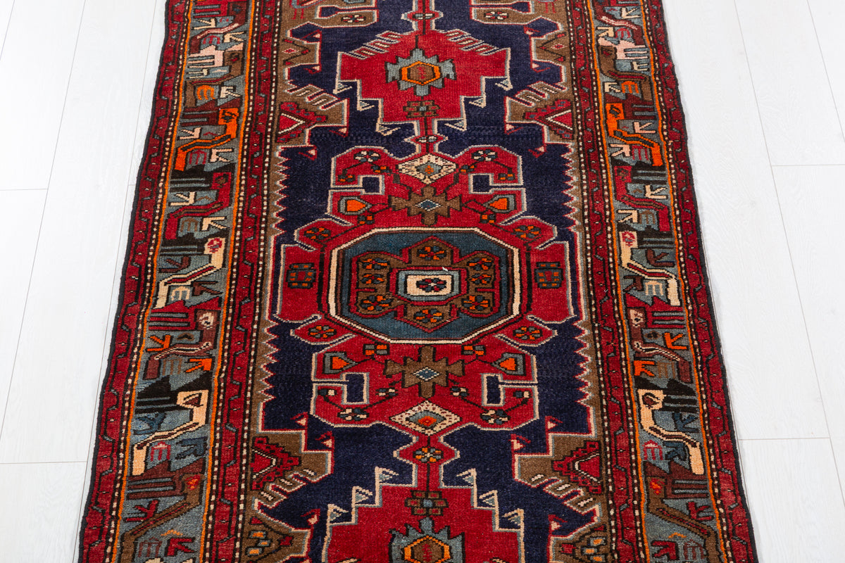 Vintage Red Navy & Brown Tribal Composition Hand-Knotted Area Rug – 6' 10" x 3' 3" (209 x 100 cm)