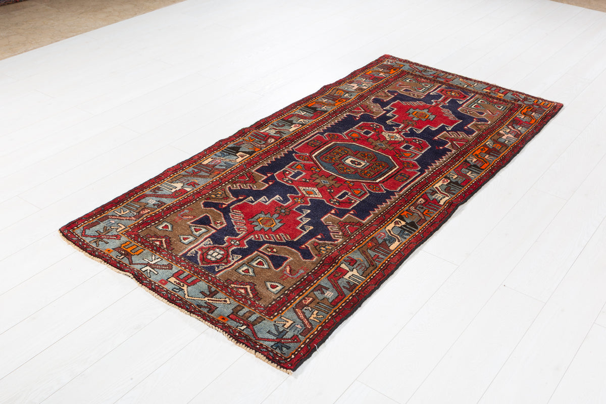 Vintage Red Navy & Brown Tribal Composition Hand-Knotted Area Rug – 6' 10" x 3' 3" (209 x 100 cm)