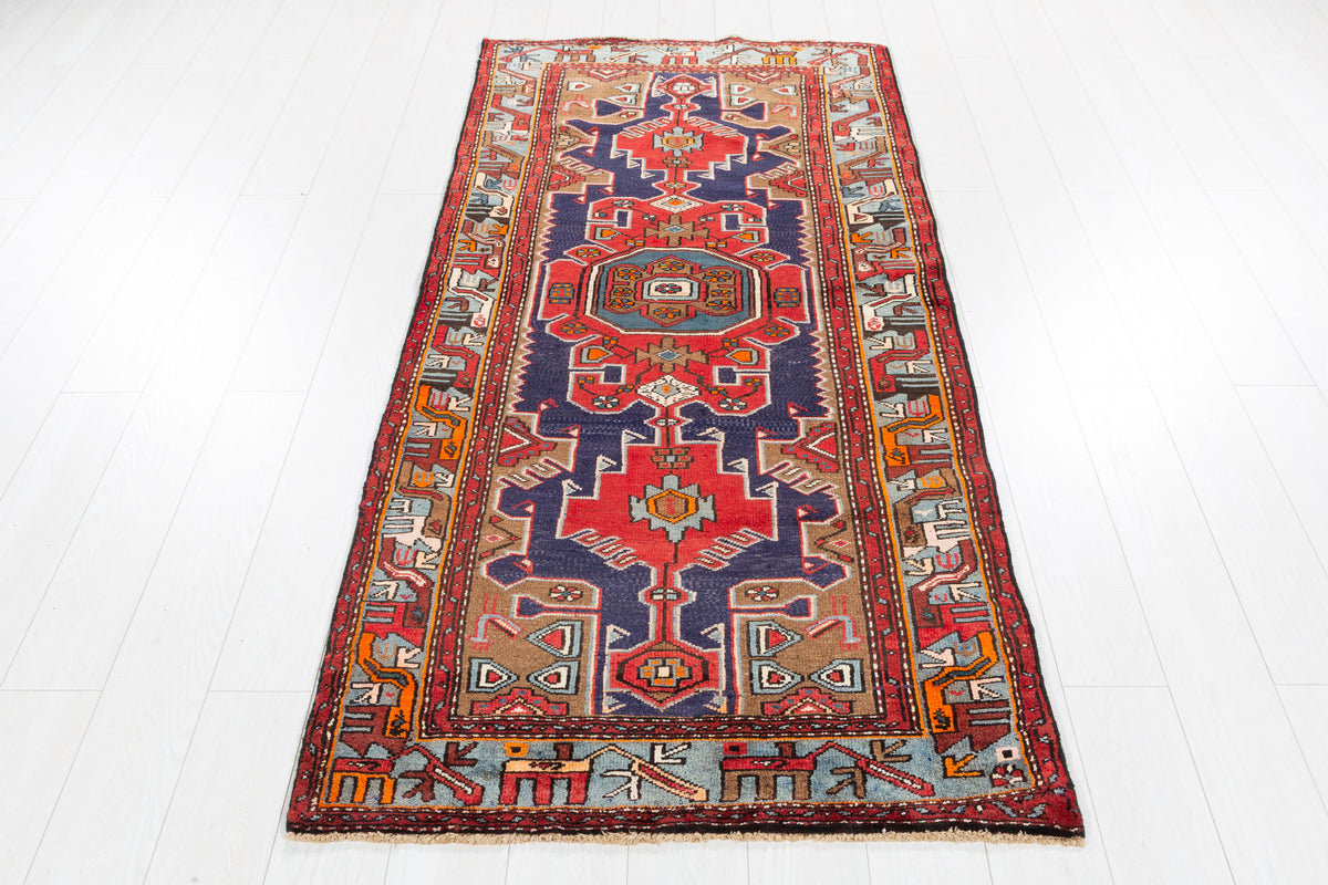 Vintage Red Navy & Brown Tribal Composition Hand-Knotted Area Rug – 6' 10" x 3' 3" (209 x 100 cm)
