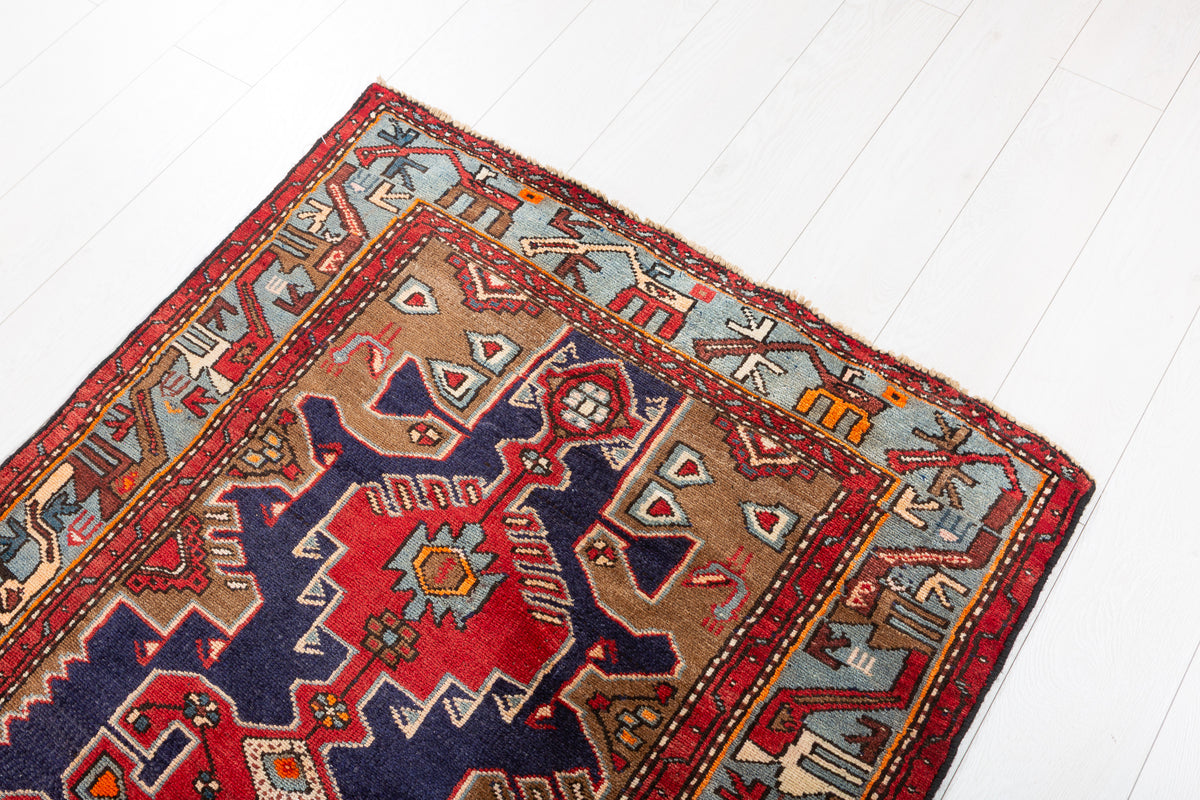 Vintage Red Navy & Brown Tribal Composition Hand-Knotted Area Rug – 6' 10" x 3' 3" (209 x 100 cm)