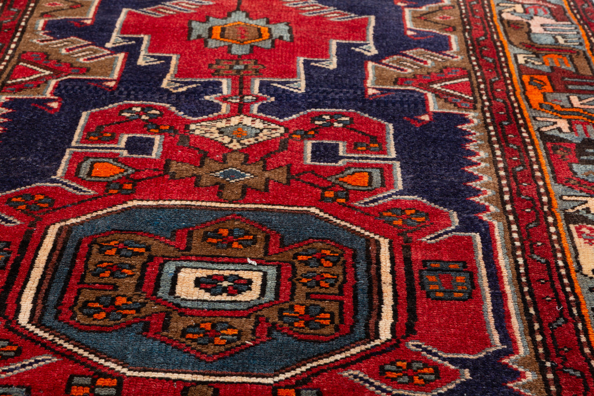 Vintage Red Navy & Brown Tribal Composition Hand-Knotted Area Rug – 6' 10" x 3' 3" (209 x 100 cm)