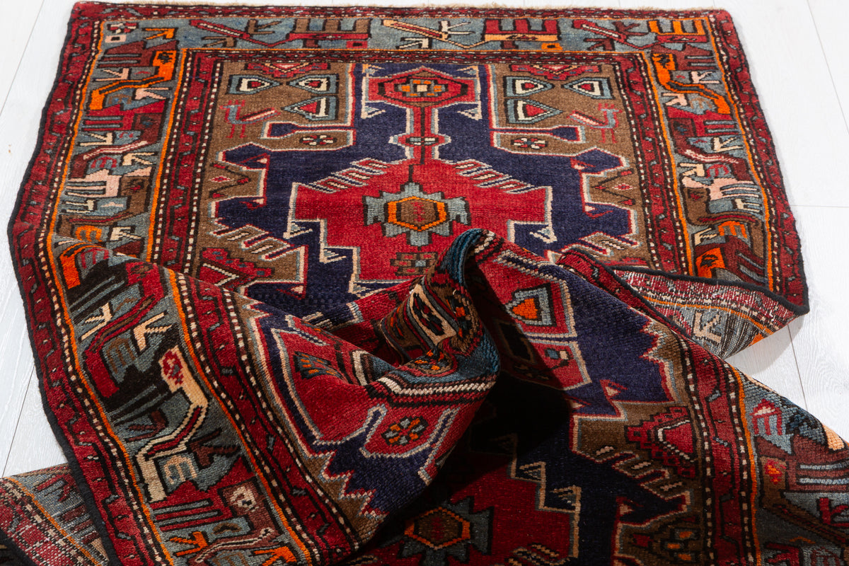 Vintage Red Navy & Brown Tribal Composition Hand-Knotted Area Rug – 6' 10" x 3' 3" (209 x 100 cm)