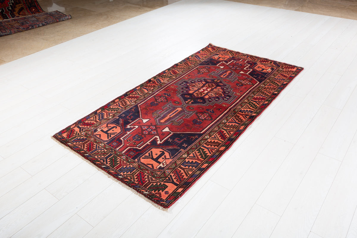 Vintage Red & Salmon Pink Geometric Medallion Hand-Knotted Area Rug – 6' 9" x 3' 6" (207 x 107 cm)